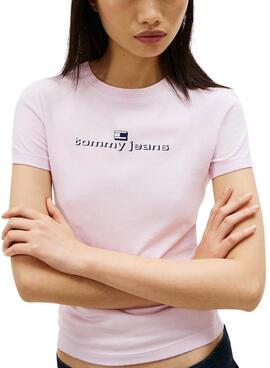 T-Shirt Tommy Jeans Slim Logo rosa für Damen