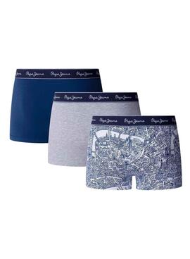 Drei Boxershorts Pepe Jeans Map in Blau und Grau für Herren