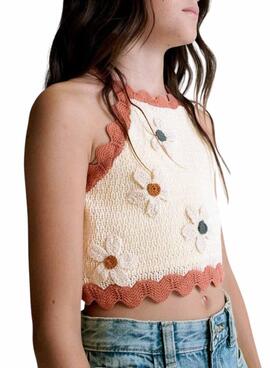 Top mit Blumenmuster in Weiß und Koralle für Mädchen.