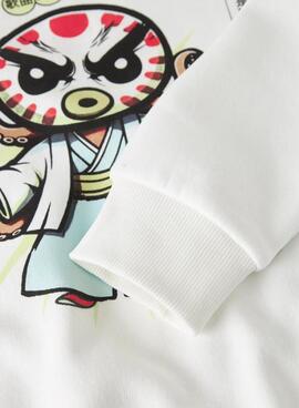 Sweatshirt Name It Kapuze Japanisches Zeichnung in gebrochenem Weiß für Jungen.