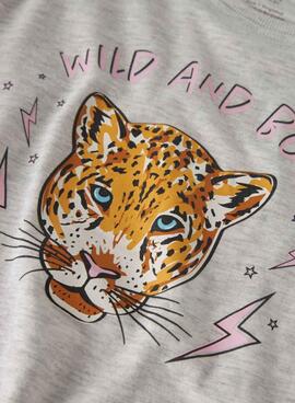 T-Shirt Name It Benna mit Leopardenmuster in hellem Grau für Mädchen.