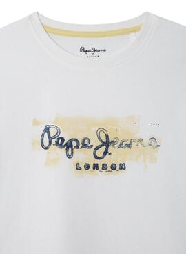T-Shirt Pepe Jeans Joshua Logo in gebrochenem Weiß für Jungen