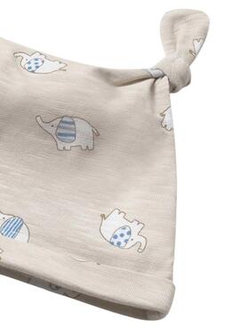 Einteiliger Strampler und Mütze von Mayoral mit Elefantenmuster in Sand für Babys.
