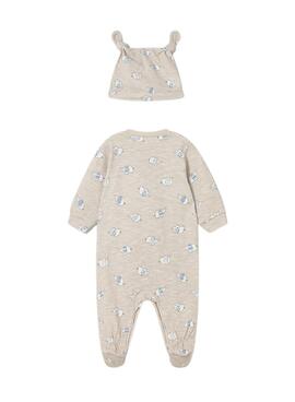 Einteiliger Strampler und Mütze von Mayoral mit Elefantenmuster in Sand für Babys.