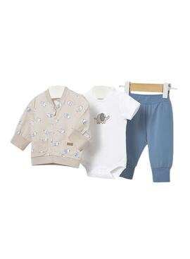 Dreiteiliges Set von Mayoral: Bedruckter Pullover und blaue Hose für Babys.