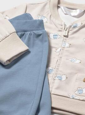 Dreiteiliges Set von Mayoral: Bedruckter Pullover und blaue Hose für Babys.