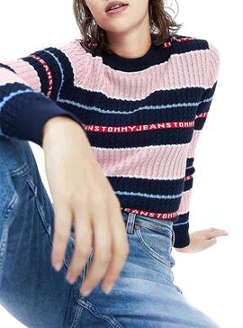Pullover Tommy Jeans Logo Streifen Pink Für Damen