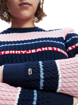 Pullover Tommy Jeans Logo Streifen Pink Für Damen